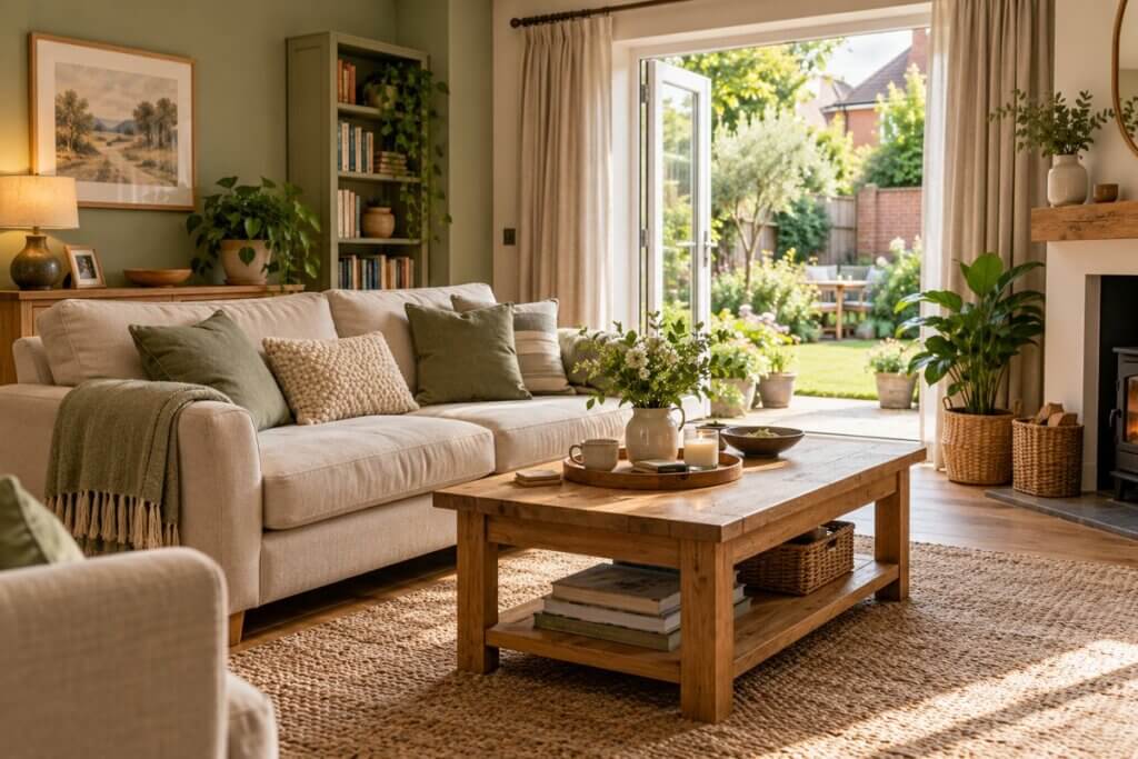 A furnished family living room opening onto a sunny garden