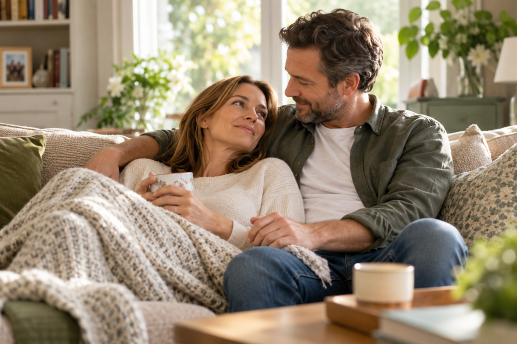A partner offering comfort and support to a woman resting at home