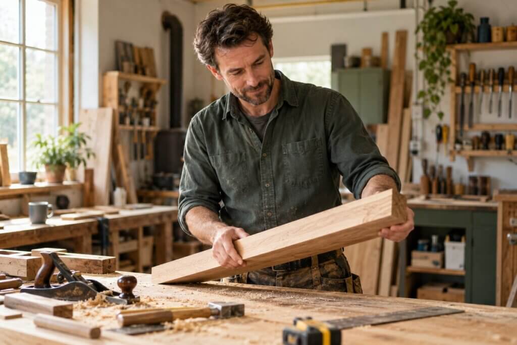 A carpenter working with timber in his workshop