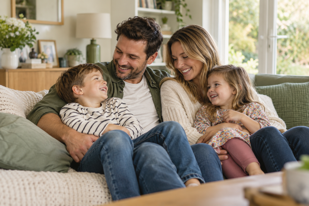 Parents and their two children relaxing together at home